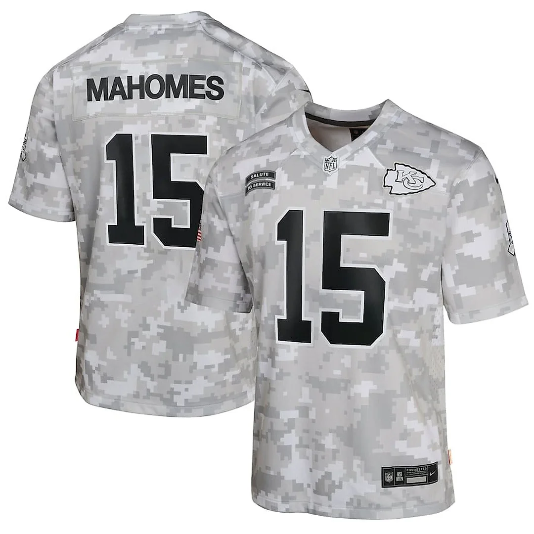 Zennovawear Patrick Mahomes 15 Kansas City Chiefs 2024 Salute to Service Game YOUTH Jersey - Arctic Camo