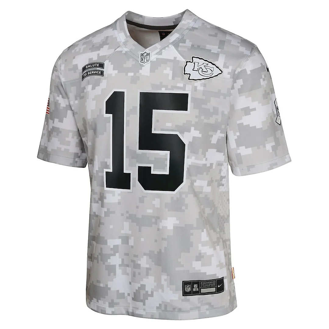 Zennovawear Patrick Mahomes 15 Kansas City Chiefs 2024 Salute to Service Game YOUTH Jersey - Arctic Camo