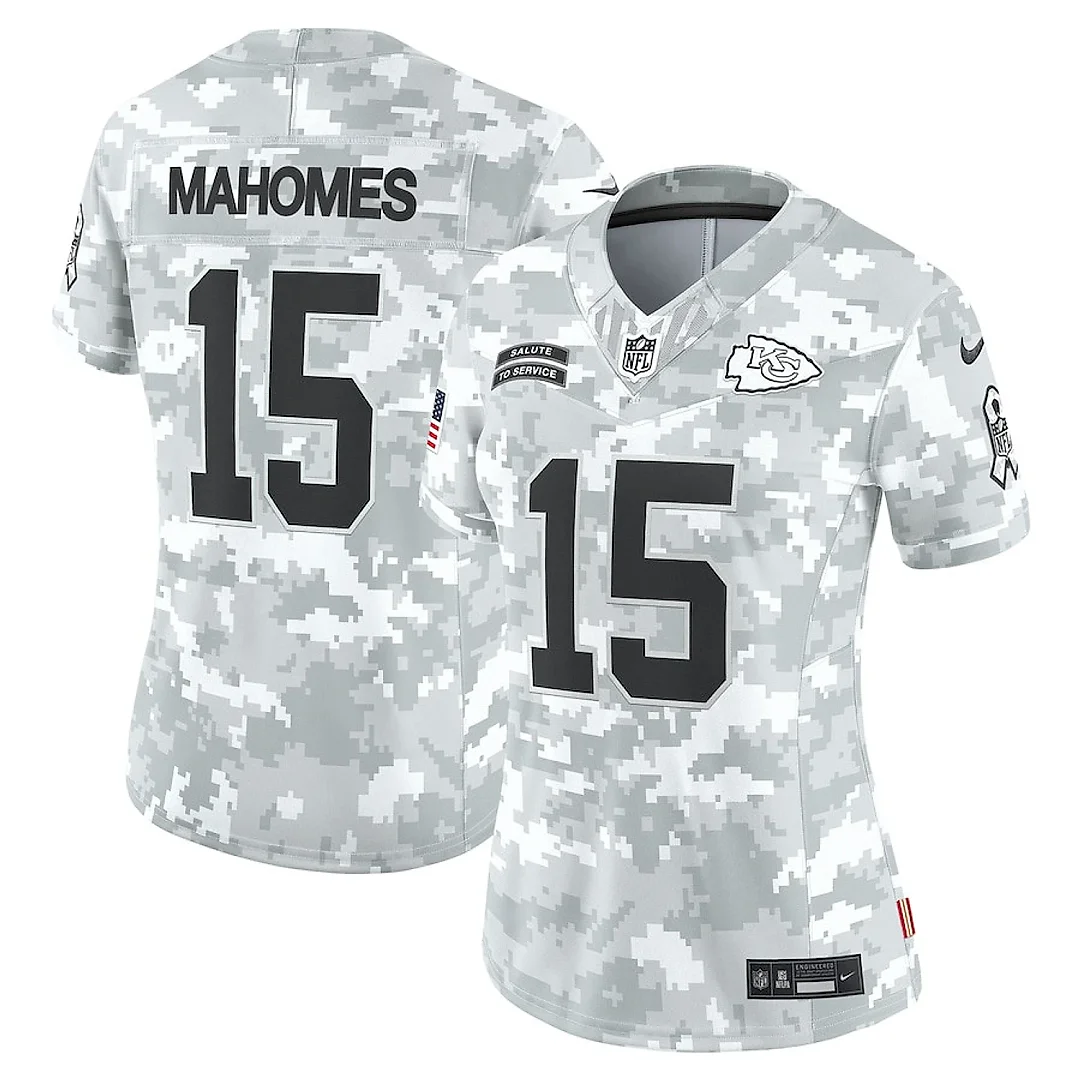 Zennovawear Patrick Mahomes 15 Kansas City Chiefs Women's 2024 Salute to Service Limited Jersey - Arctic Camo