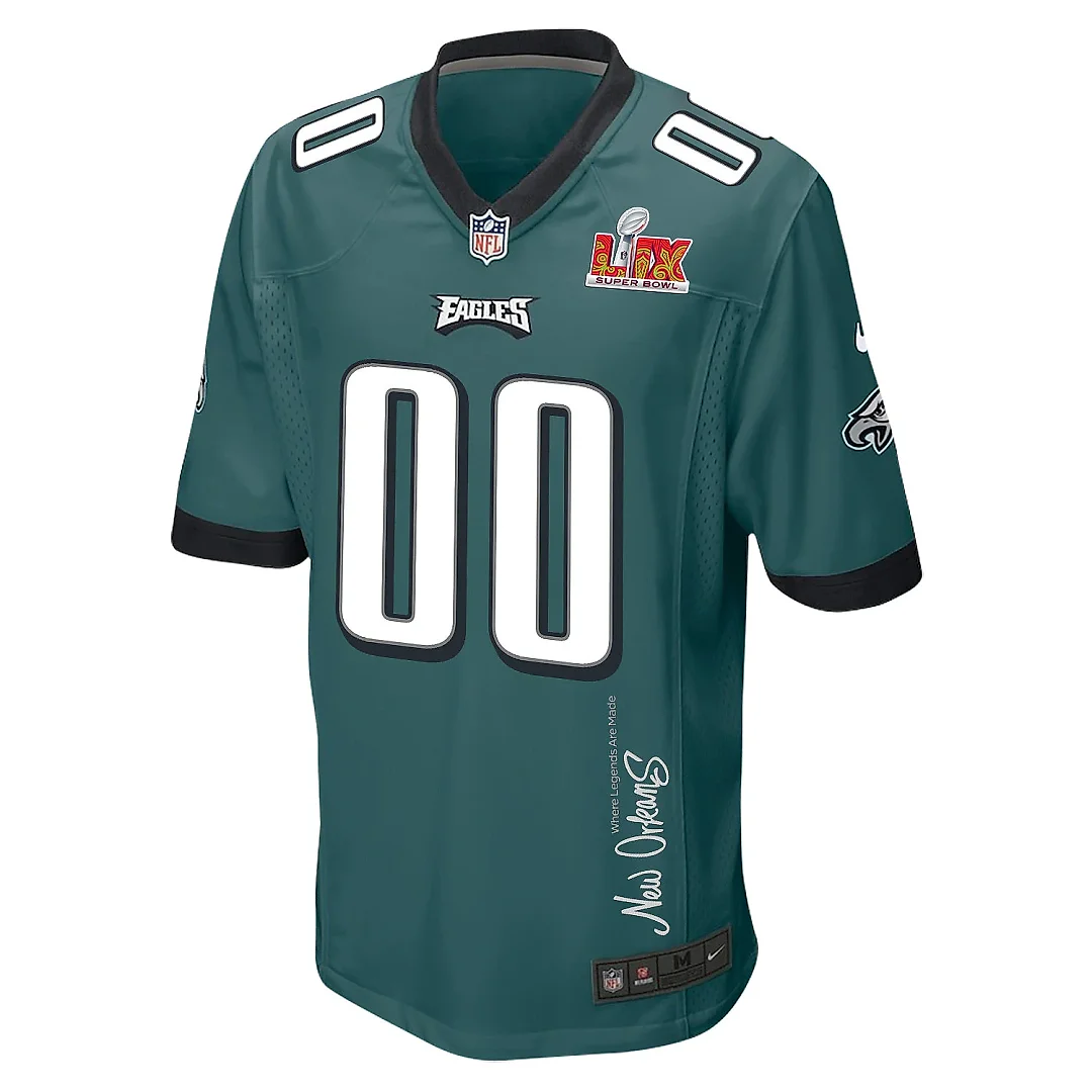 Zennovawear Philadelphia Eagles Super Bowl LIX 'New Orleans - Where Legends Are Made' EMBROIDERED Game Men Custom Jersey - Midnight Green