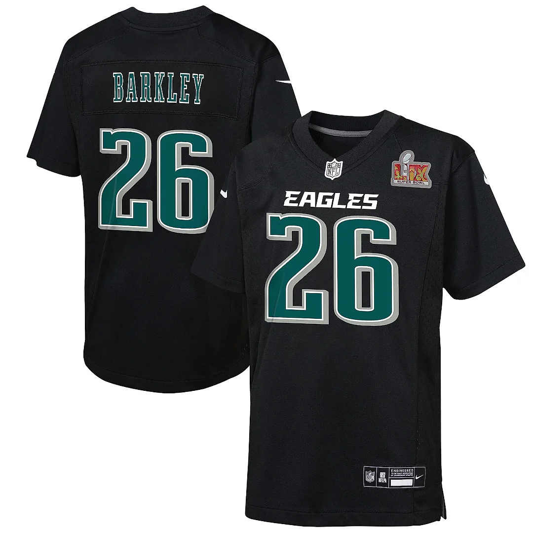 Zennovawear Preschool Philadelphia Eagles Saquon Barkley Carbon Black Super Bowl LIX Patch Fashion Game Player Jersey