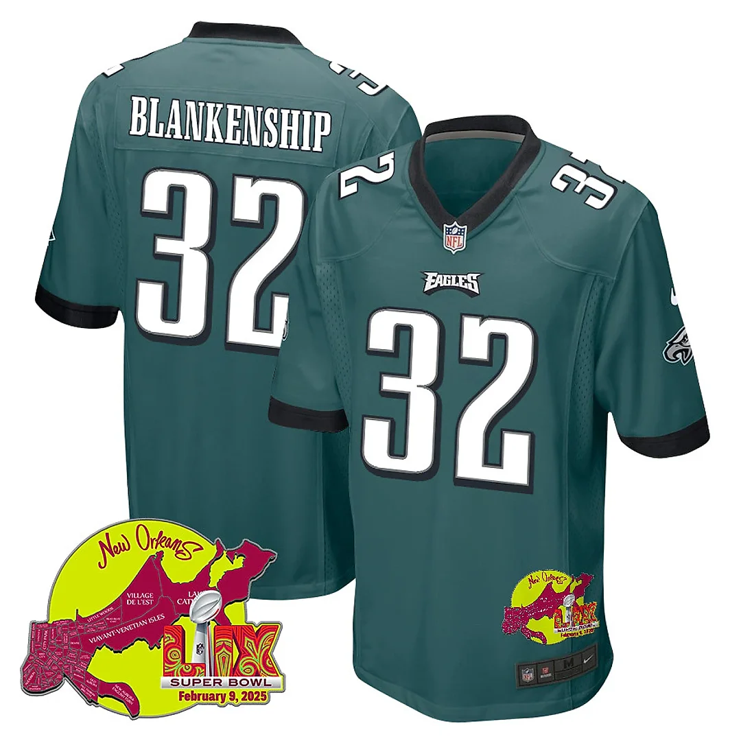 Zennovawear Reed Blankenship 32 Philadelphia Eagles Super Bowl LIX New Orleans Patch Game Men Jersey - Midnight Green