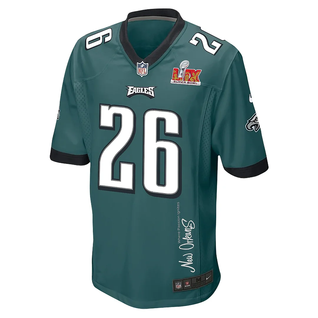Zennovawear Saquon Barkley 26 Philadelphia Eagles Super Bowl LIX 'New Orleans - Where Passion Ignites' EMBROIDERED Game Men Jersey - Midnight Green