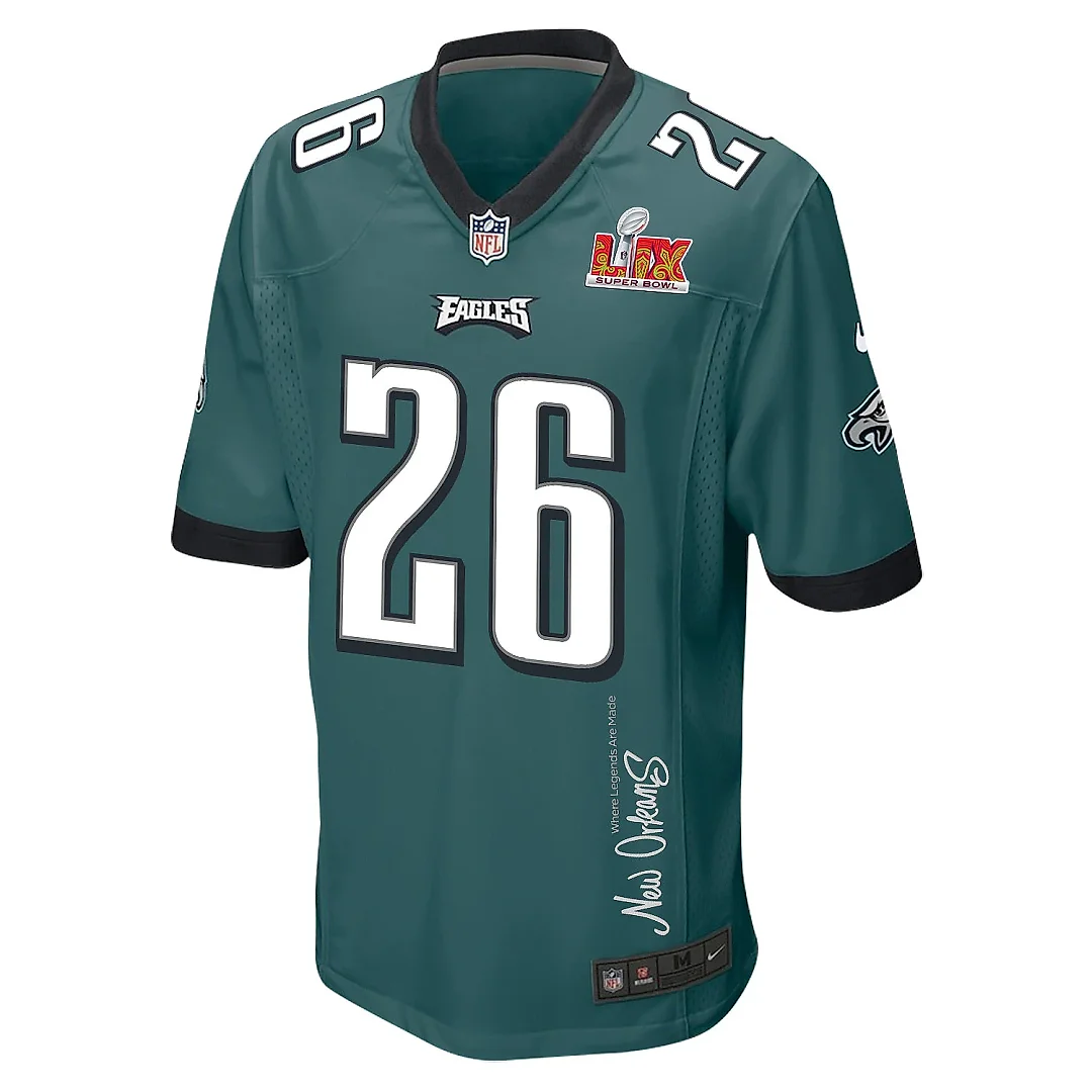 Zennovawear Saquon Barkley 26 Philadelphia Eagles Super Bowl LIX 'New Orleans - Where Legends Are Made' EMBROIDERED Game Men Jersey - Midnight Green
