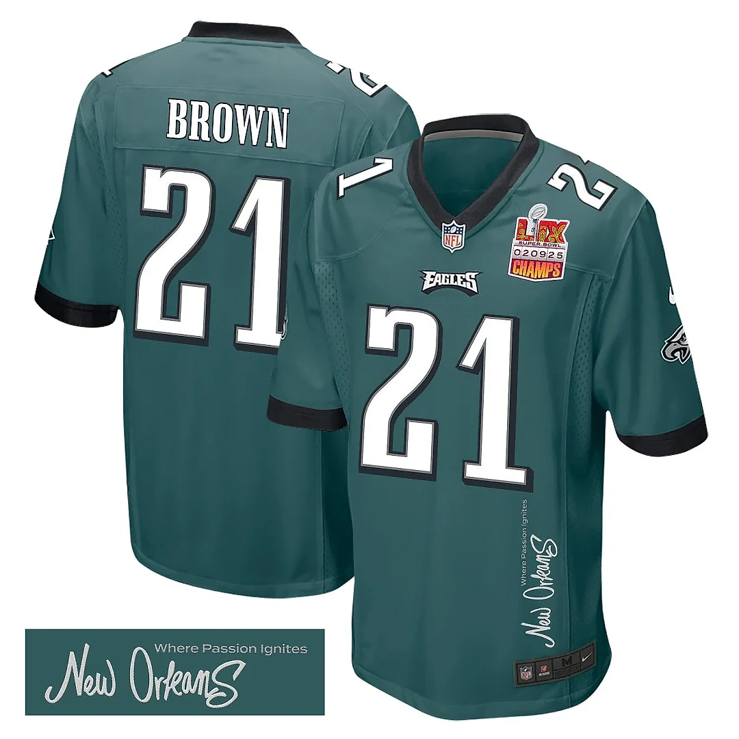 Zennovawear Sydney Brown 21 Philadelphia Eagles Super Bowl LIX Champions Patch 'New Orleans - Where Passion Ignites' EMBROIDERED Game Men Jersey...