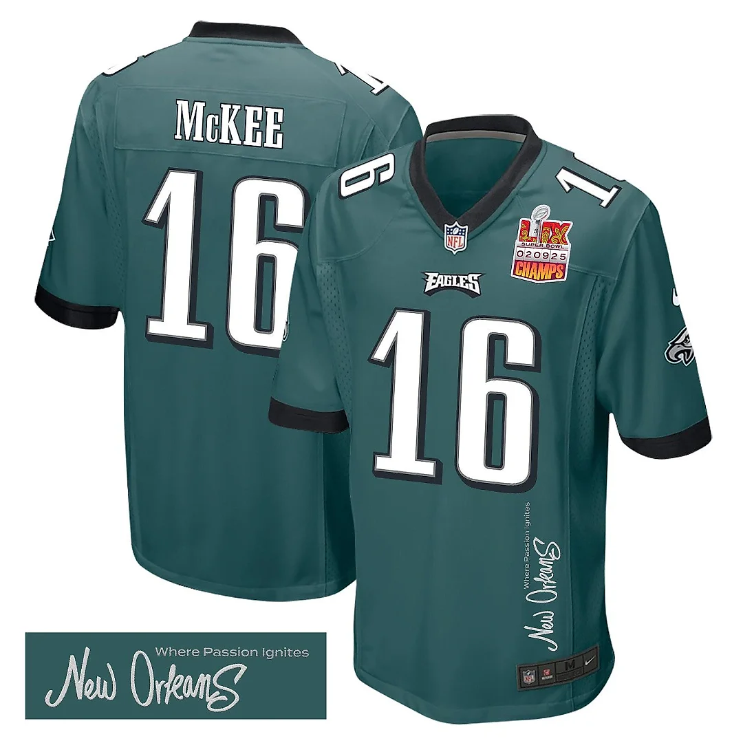 Zennovawear Tanner McKee 16 Philadelphia Eagles Super Bowl LIX Champions Patch 'New Orleans - Where Passion Ignites' EMBROIDERED Game Men Jersey...