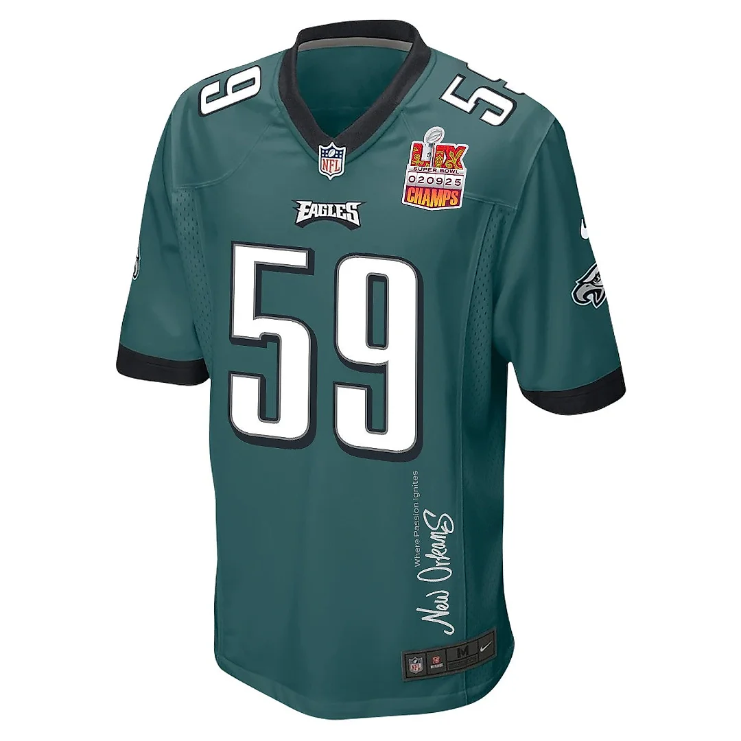 Zennovawear Thomas Booker IV 59 Philadelphia Eagles Super Bowl LIX Champions Patch 'New Orleans - Where Passion Ignites' EMBROIDERED Game Men...