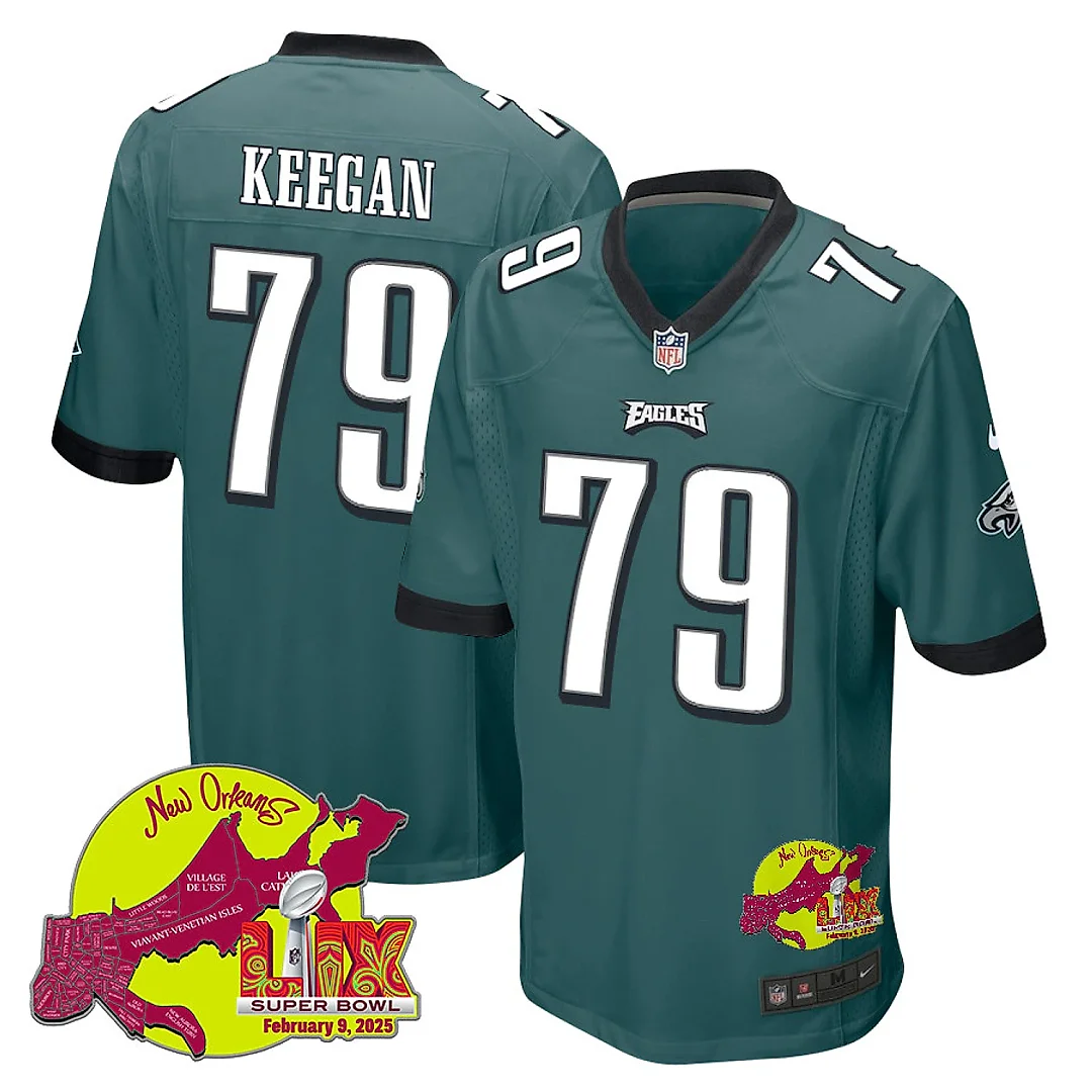Zennovawear Trevor Keegan 79 Philadelphia Eagles Super Bowl LIX New Orleans Patch Game Men Jersey - Midnight Green