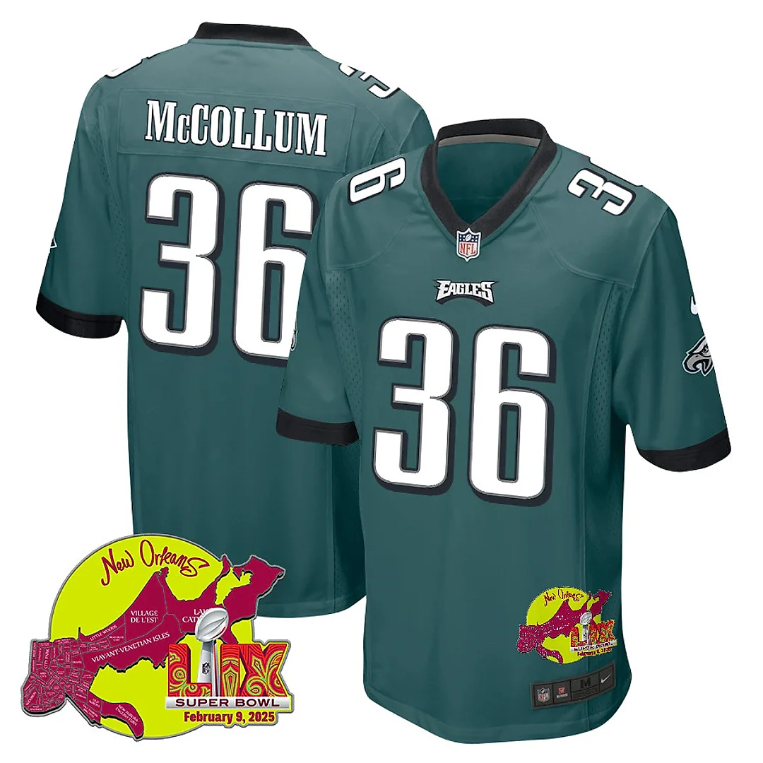 Zennovawear Tristin McCollum 36 Philadelphia Eagles Super Bowl LIX New Orleans Patch Game Men Jersey - Midnight Green