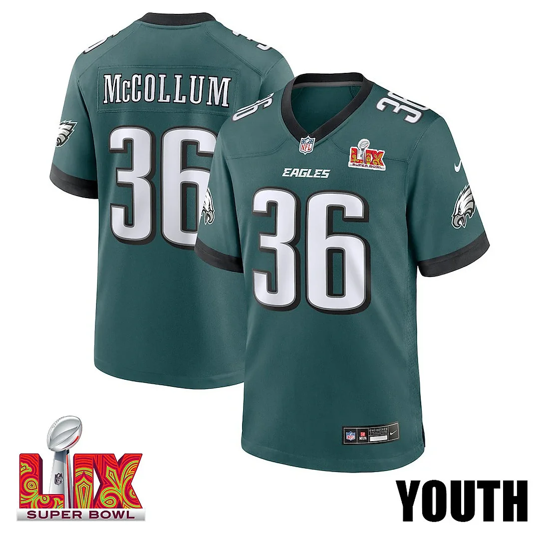 Zennovawear Tristin McCollum 36 Philadelphia Eagles Super Bowl LIX YOUTH Jersey - Midnight Green