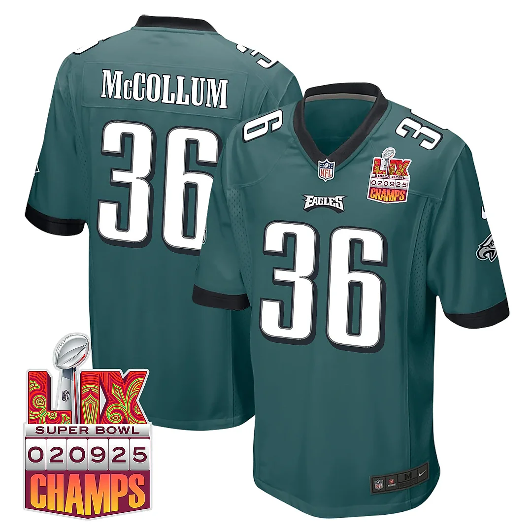Zennovawear Tristin McCollum 36 Philadelphia Eagles Super Bowl LIX Champions Patch Game Men Jersey - Midnight Green