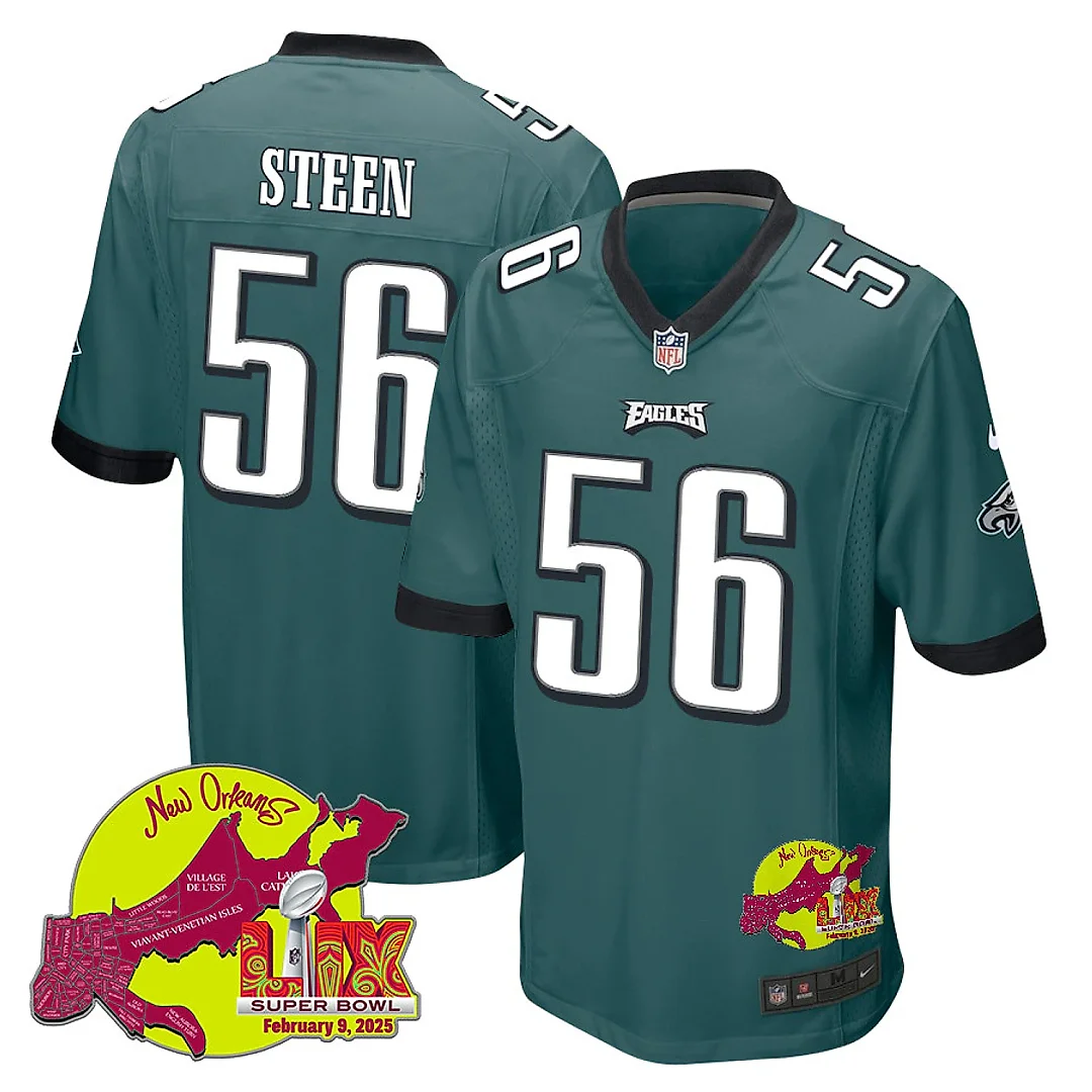 Zennovawear Tyler Steen 56 Philadelphia Eagles Super Bowl LIX New Orleans Patch Game Men Jersey - Midnight Green