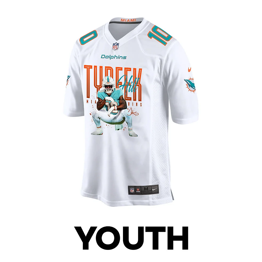 Zennovawear Tyreek Hill 10 Miami Dolphins Cheetah Celebration Game YOUTH Jersey - White