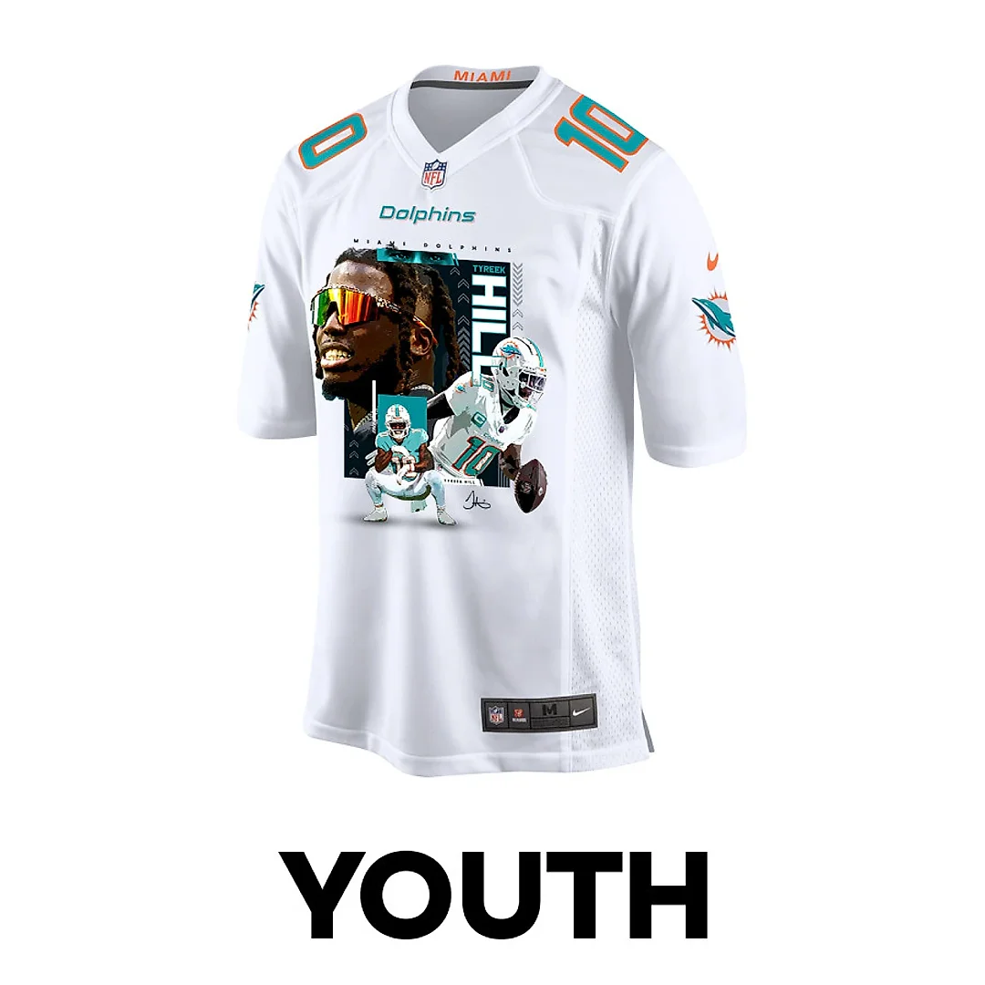 Zennovawear Tyreek Hill 10 Miami Dolphins Run Cheetah Run Game YOUTH Jersey - White