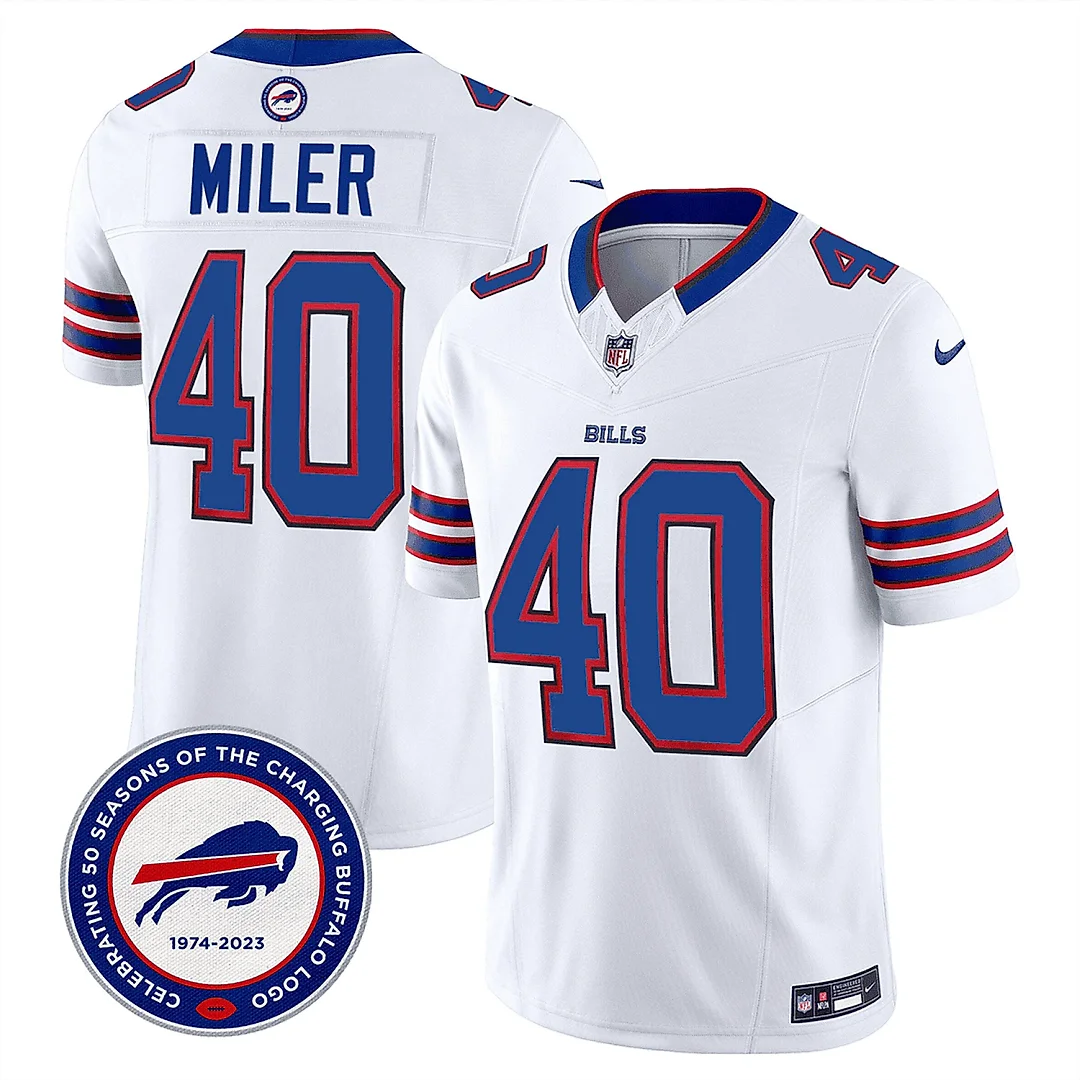 Zennovawear Von Miller 40 Buffalo Bills 50th Charging Logo Patch Game Men Jersey - White
