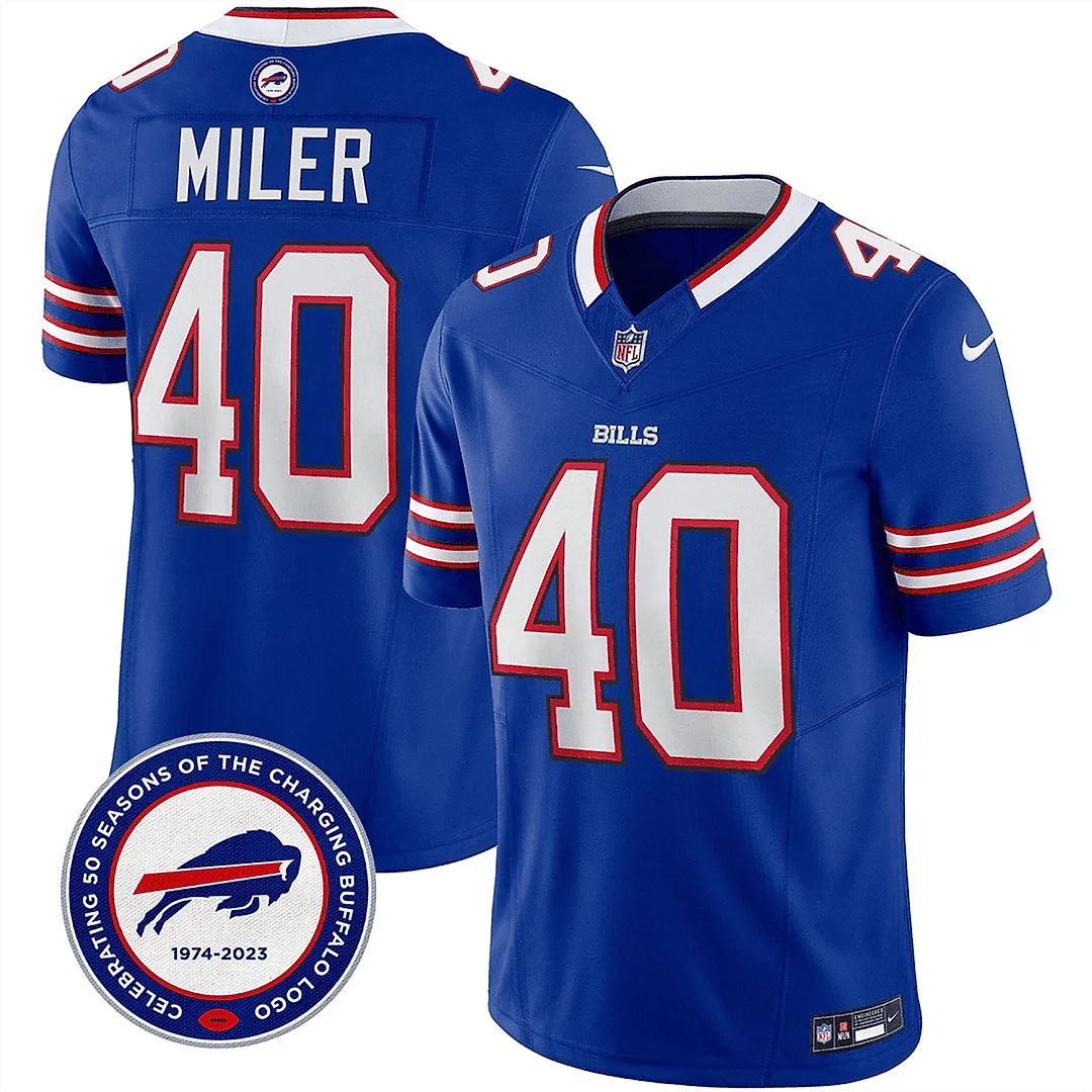 Zennovawear Von Miller 40 Buffalo Bills 50th Charging Logo Patch Game Men Jersey - Royal