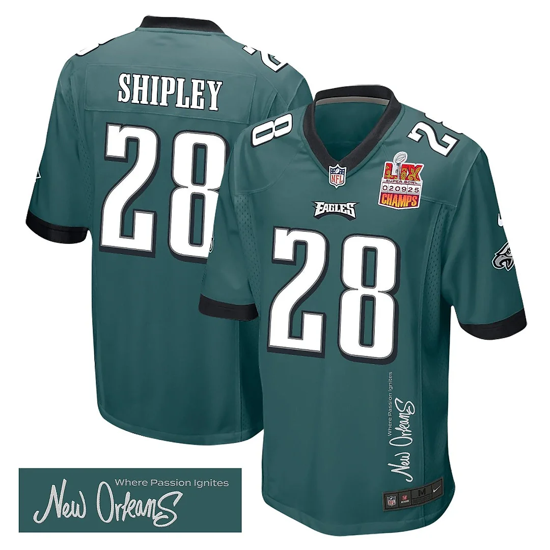 Zennovawear Will Shipley 28 Philadelphia Eagles Super Bowl LIX Champions Patch 'New Orleans - Where Passion Ignites' EMBROIDERED Game Men Jersey...