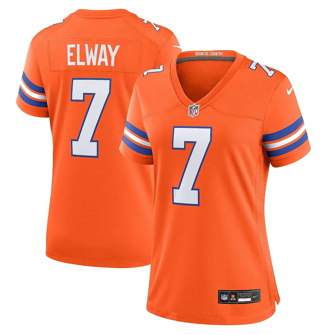Zennovawear Women's Denver Broncos John Elway Orange Mile High Collection 1977 Throwback Player Game Jersey