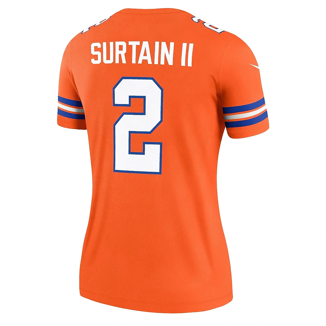 Zennovawear Women's Denver Broncos Patrick Surtain II Mile High Collection 1977 Throwback Orange Alternate Legend Player Performance Top