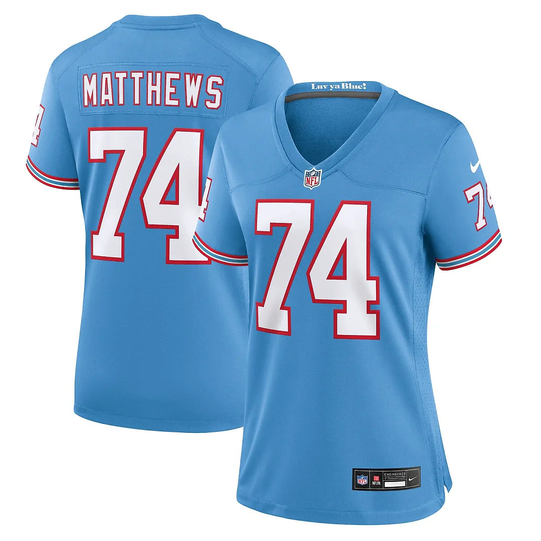 Zennovawear Bruce Matthews Tennessee Titans Women's Oilers Throwback Retired Player Game Jersey - Light Blue