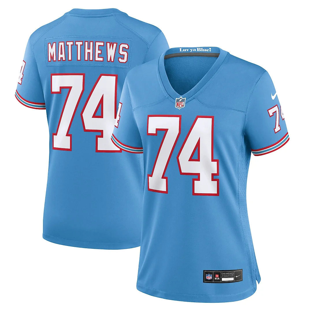 Zennovawear Bruce Matthews Tennessee Titans Women's Oilers Throwback Retired Player Game Jersey - Light Blue