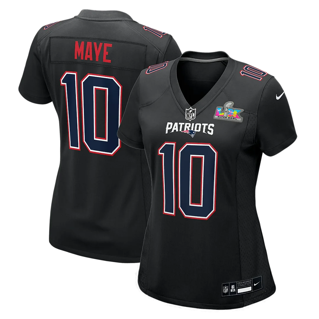 Zennovawear Drake Maye New England Patriots Women's Super Bowl LX Patch Carbon Fashion Game Jersey - Black