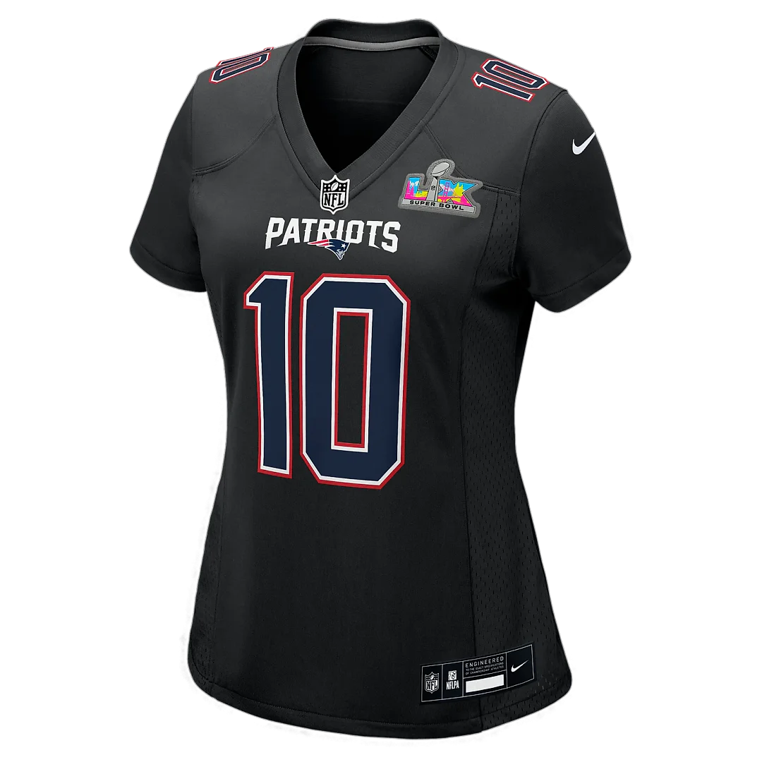 Zennovawear Drake Maye New England Patriots Women's Super Bowl LX Patch Carbon Fashion Game Jersey - Black