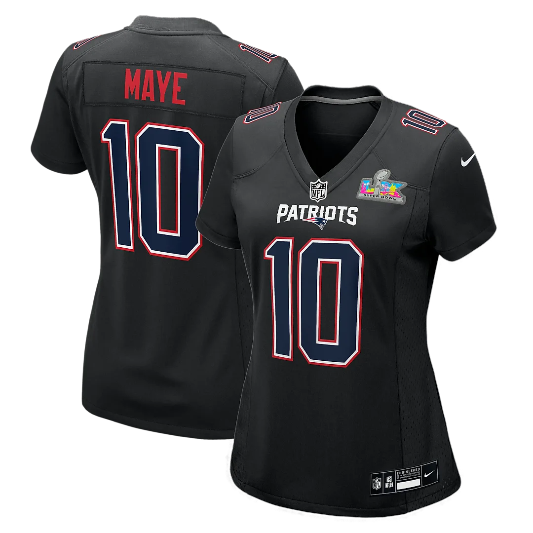 Zennovawear Drake Maye New England Patriots Women's Super Bowl LX Patch Carbon Fashion Game Jersey - Black