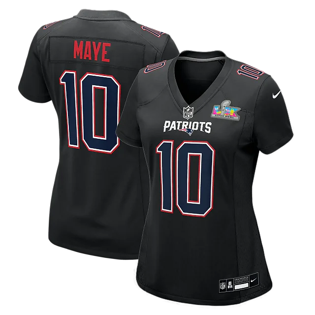 Zennovawear Drake Maye New England Patriots Women's Super Bowl LX Patch Carbon Fashion Game Jersey - Black