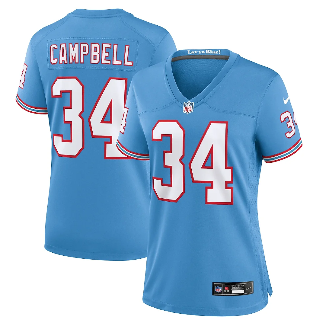 Zennovawear Earl Campbell Tennessee Titans Women's Oilers Throwback Retired Player Game Jersey - Light Blue