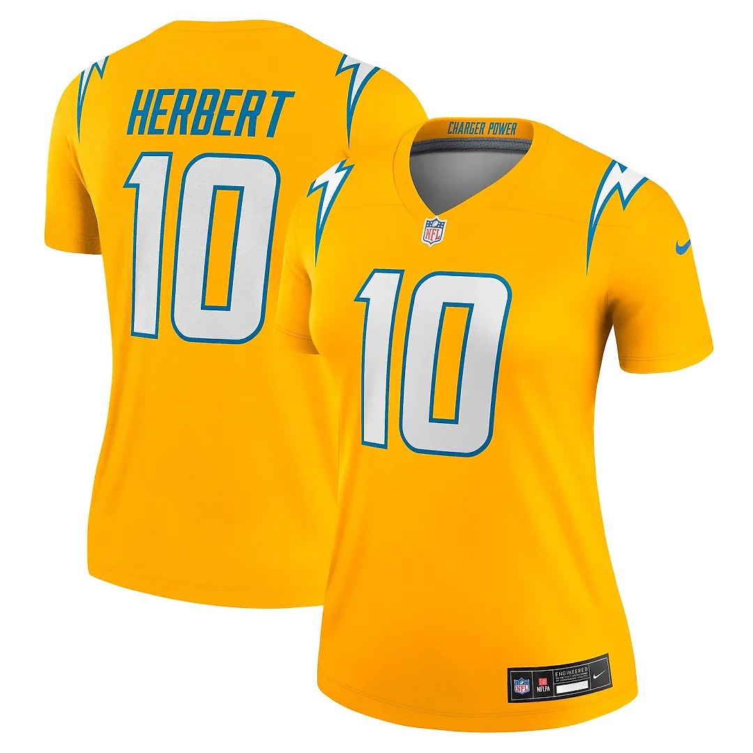 Zennovawear Justin Herbert Los Angeles Chargers Women's Alternate Charger Power Legend Player Performance Top - Gold