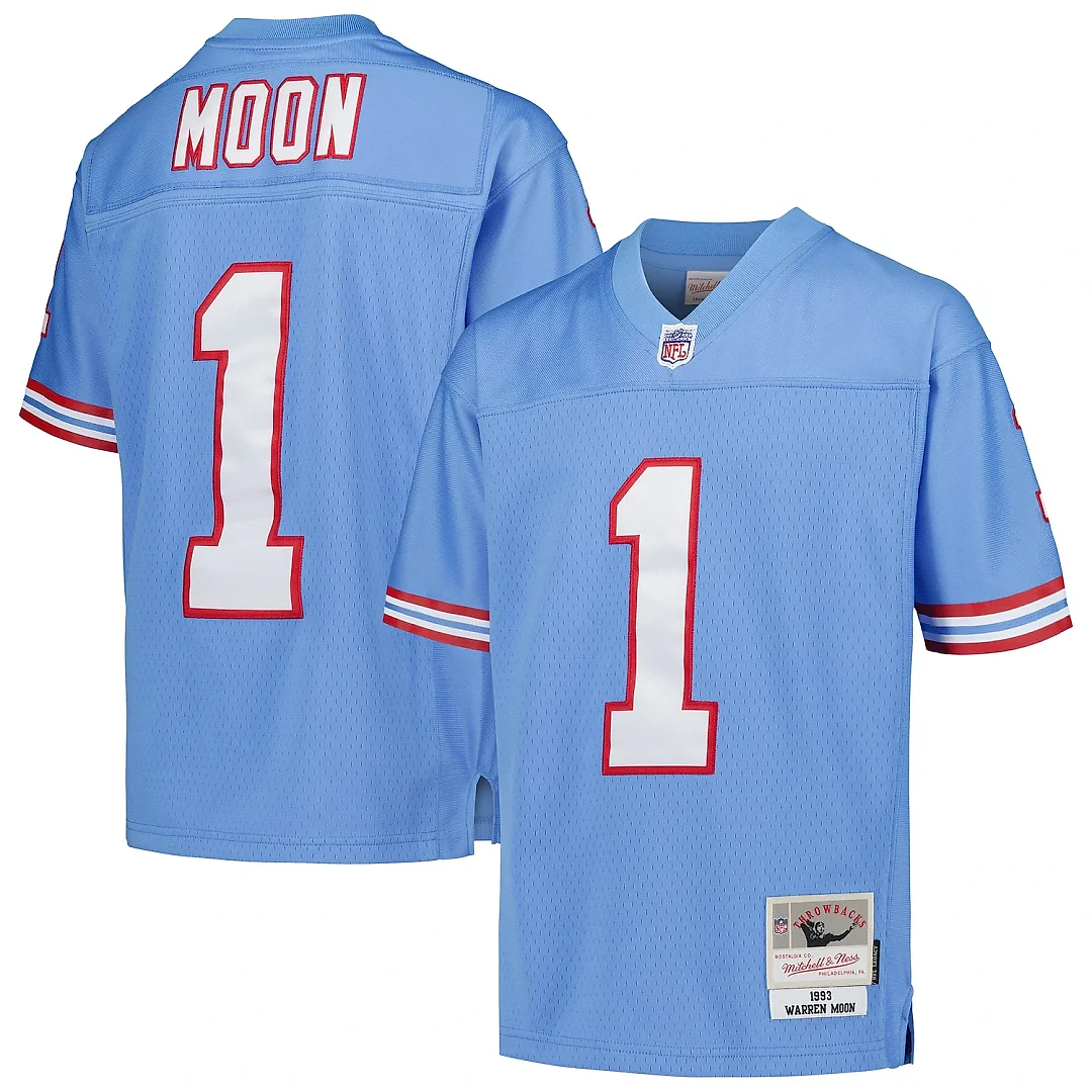 Zennovawear Youth Houston Oilers Warren Moon Mitchell & Ness Light Blue Gridiron Classics 1993 Retired Player Legacy Jersey