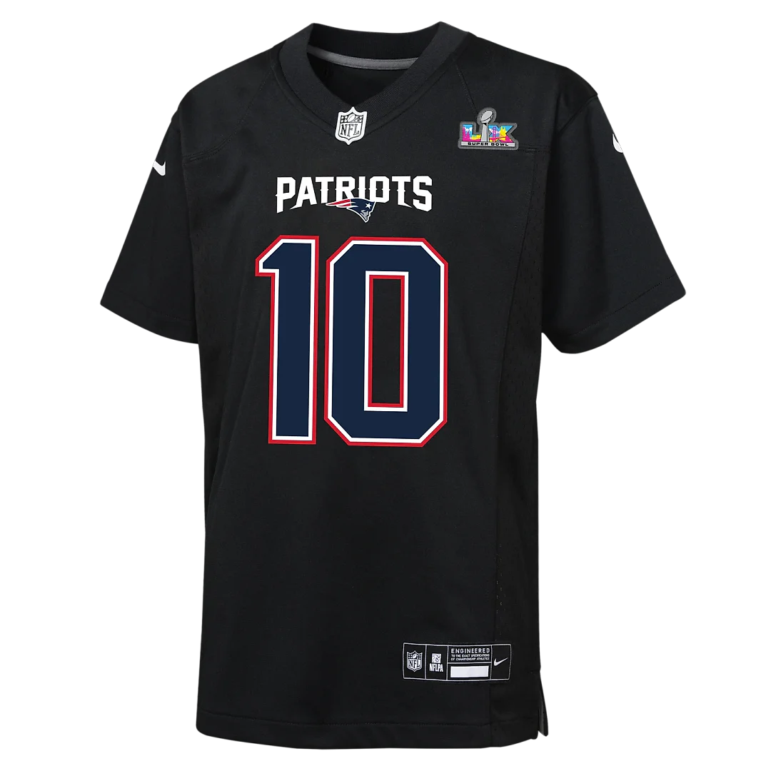 Zennovawear Drake Maye New England Patriots Youth Super Bowl LX Patch Carbon Fashion Game Jersey - Black
