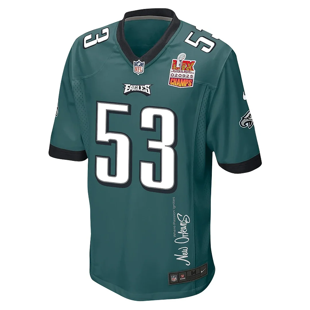 Zennovawear Zack Baun 53 Philadelphia Eagles Super Bowl LIX Champions Patch 'New Orleans - Where Passion Ignites' EMBROIDERED Game Men Jersey...