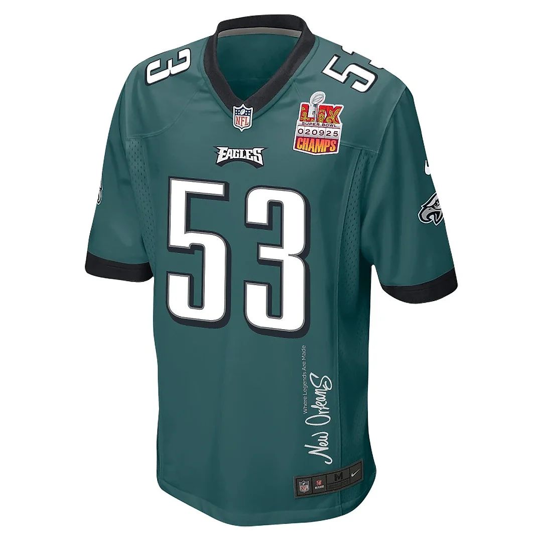 Zennovawear Zack Baun 53 Philadelphia Eagles Super Bowl LIX Champions Patch 'New Orleans - Where Legends Are Made' EMBROIDERED Game Men Jersey...