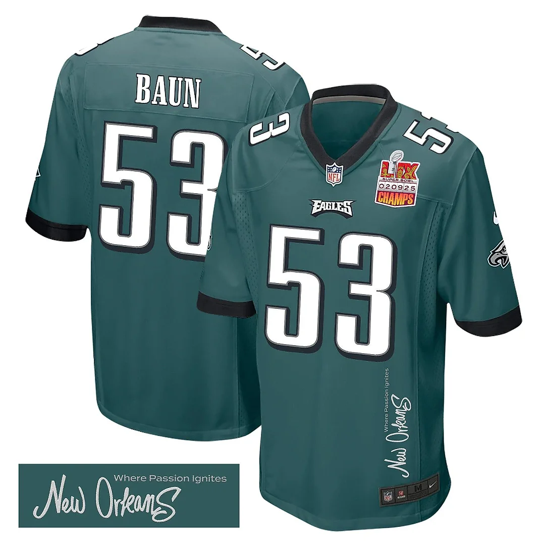 Zennovawear Zack Baun 53 Philadelphia Eagles Super Bowl LIX Champions Patch 'New Orleans - Where Passion Ignites' EMBROIDERED Game Men Jersey...