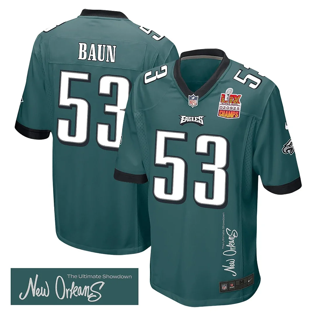Zennovawear Zack Baun 53 Philadelphia Eagles Super Bowl LIX Champions Patch 'New Orleans - The Ultimate Showdown' EMBROIDERED Game Men Jersey...